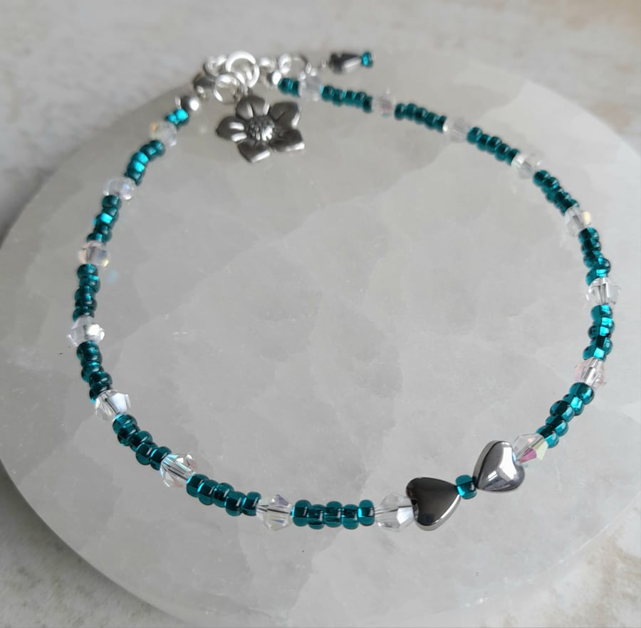 Anklet Hematite Hearts Crystals And Teal Seed Beads   