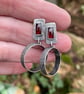 Oxidised textured silver and garnet stud earrings with hoop dangle - Image 5