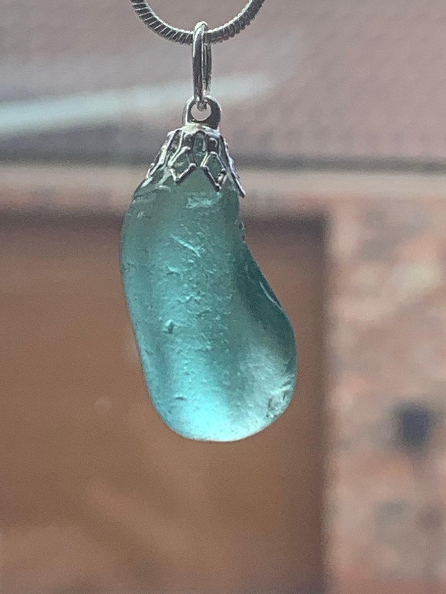 Teal seaglass and silver plate pendant