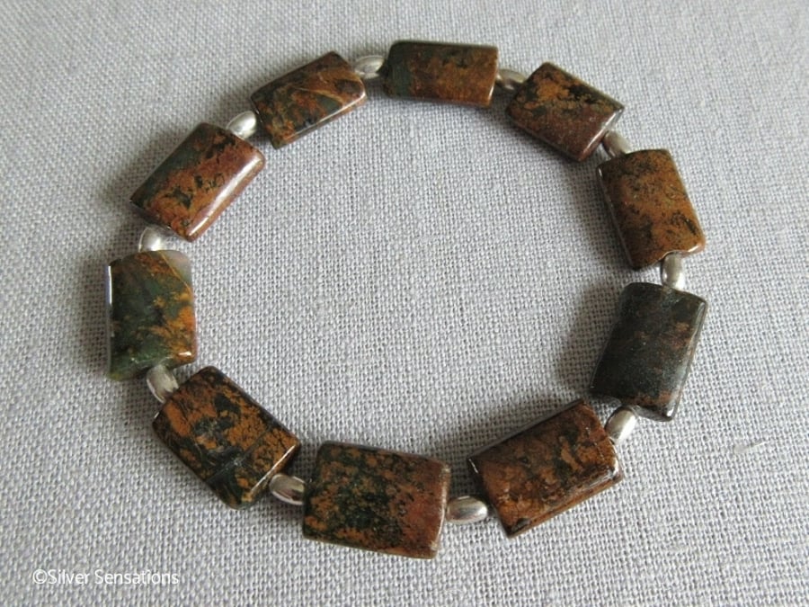 Brown & Green Rainbow Jasper Bracelet With Sterling Silver Beads - Gift Under 15