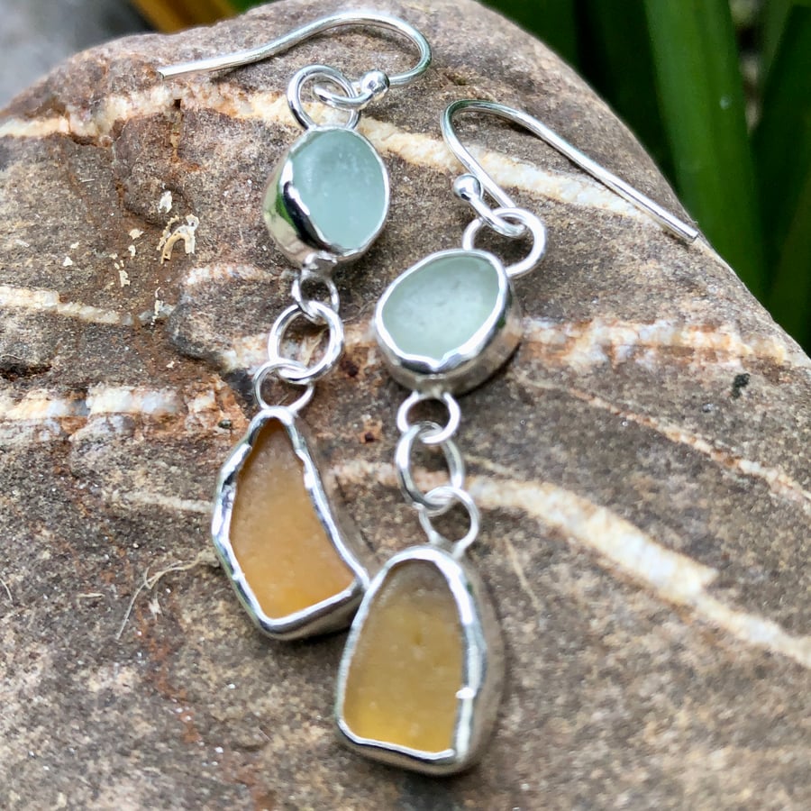 Pale Aqua & Honey Sea Glas Sterling Silver Double Drop Earrings - 1173