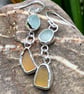 Pale Aqua & Honey Sea Glas Sterling Silver Double Drop Earrings - 1173