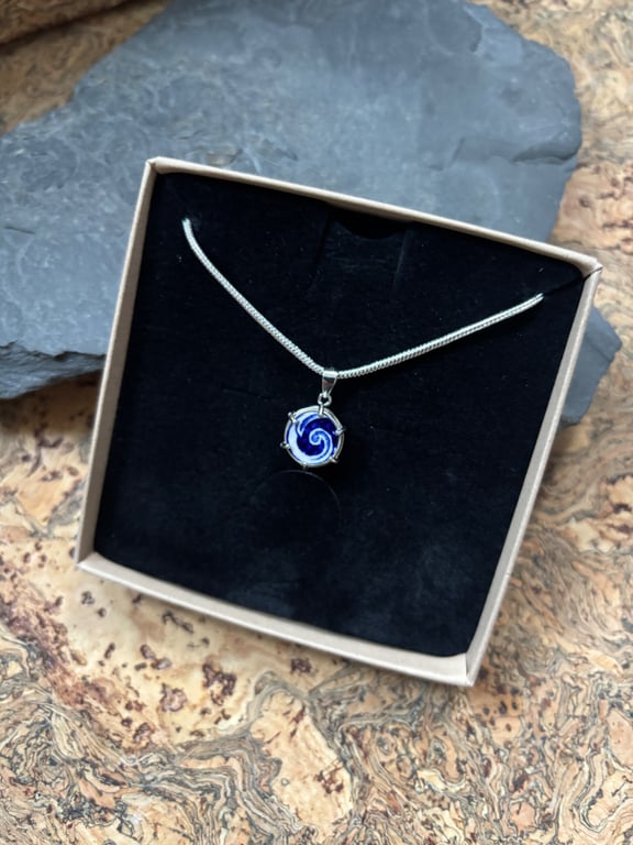 Handcrafted Unique Pendant Recycled Sterling Silver Blue & white Swirl.