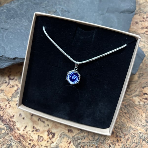 Handcrafted Unique Pendant Recycled Sterling Silver Blue & white Swirl.