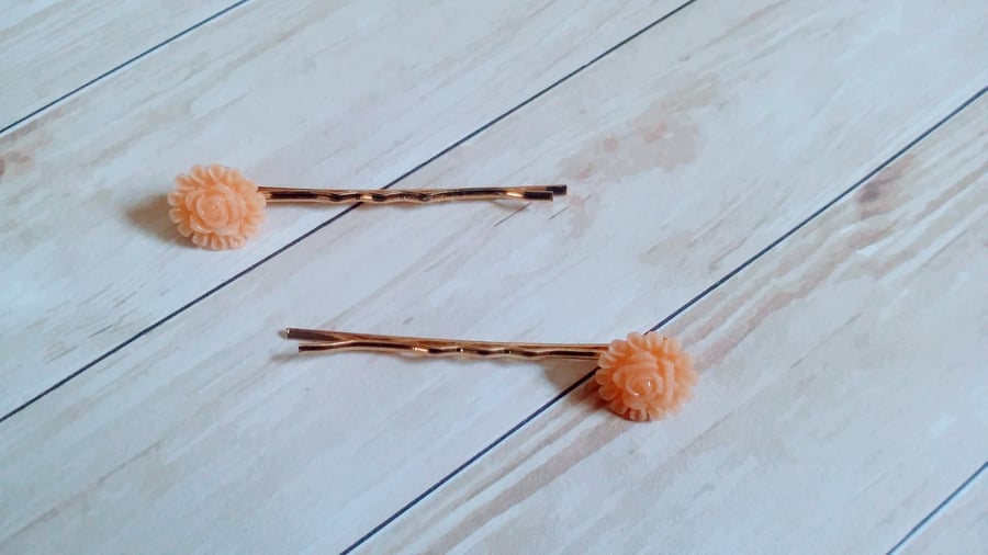 Peach flower hair clips peach floral bobby pins