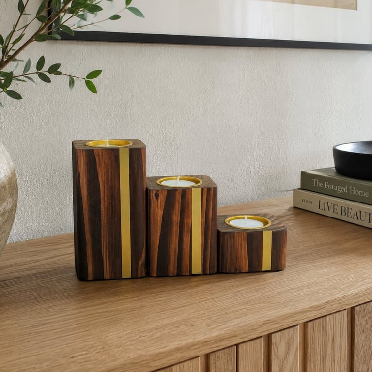 Handmade Wooden Candle Holder Set - Reclaimed Wood & Brass Tea Lights