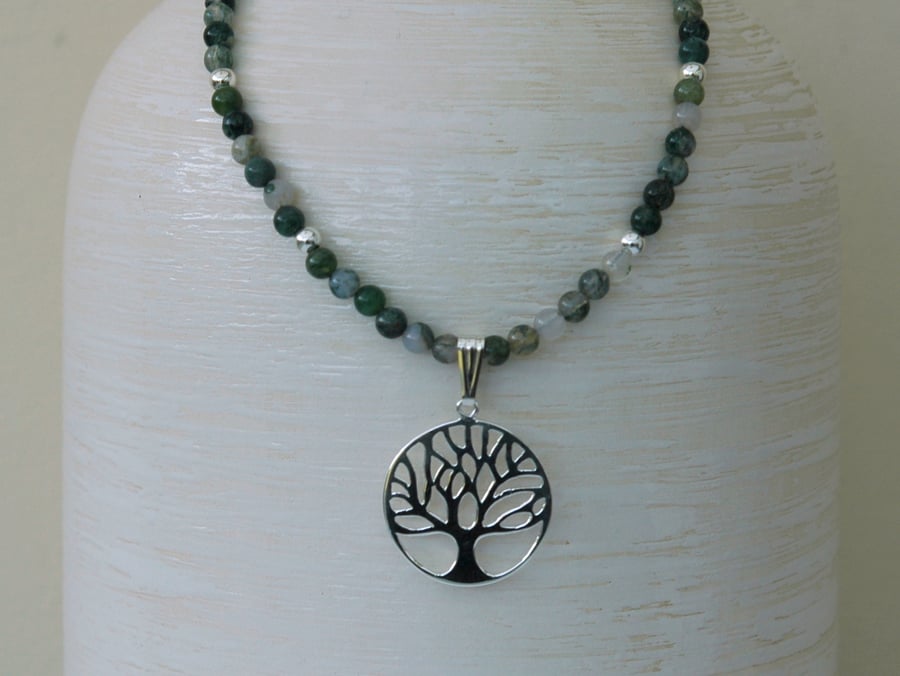 Sterling Silver Tree Pendant Necklace with Green Moss Agate Gemstones,  P153