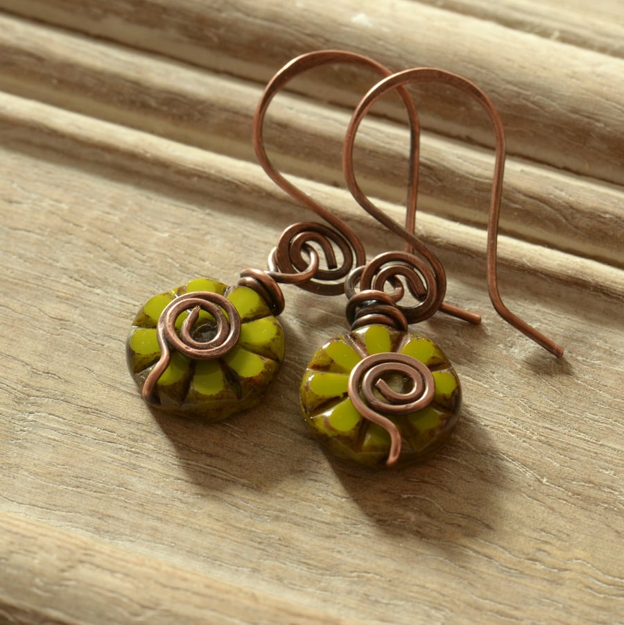 Handmade Copper & Green Czech Glass Bead Earrings