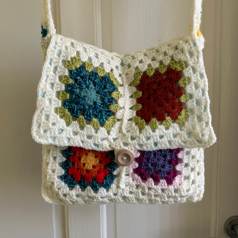 Odd Ball Granny Square Crocheted Lined Cross Body Bag 