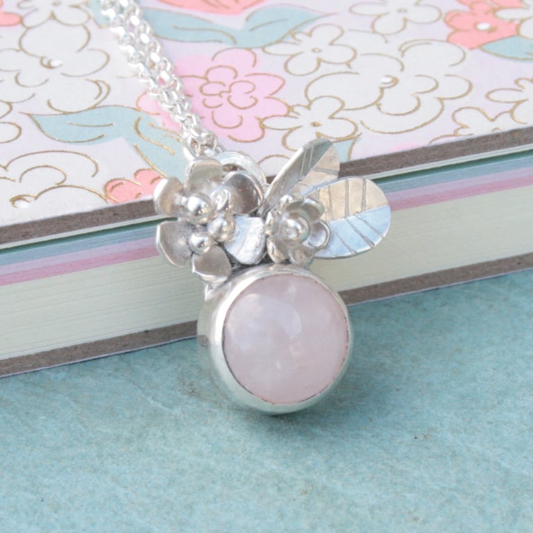 Rose quartz and silver flower necklace, nature lover gift