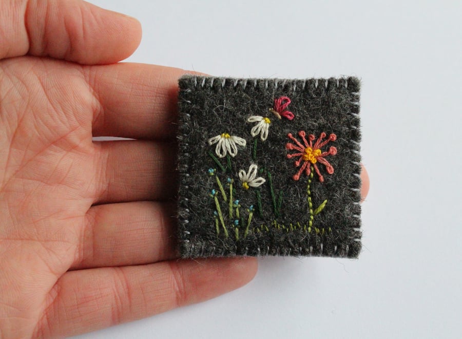 Whimsical Flowers and Butterfly Embroidered Wool Felt Brooch