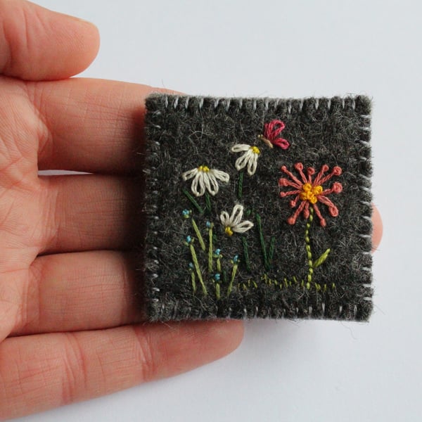 Whimsical Flowers and Butterfly Embroidered Wool Felt Brooch