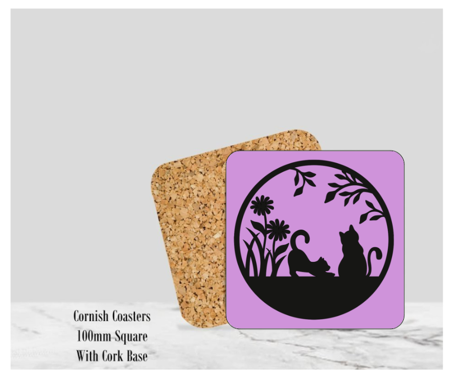 Purple  Silhouette Cats Coaster 4" Square With Cork Base