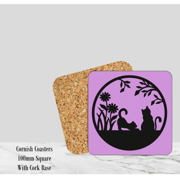 Purple  Silhouette Cats Coaster 4" Square With Cork Base