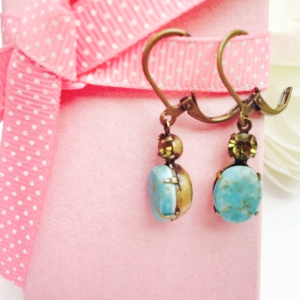 Vintage glass earrings, ocean blue and crystal. 