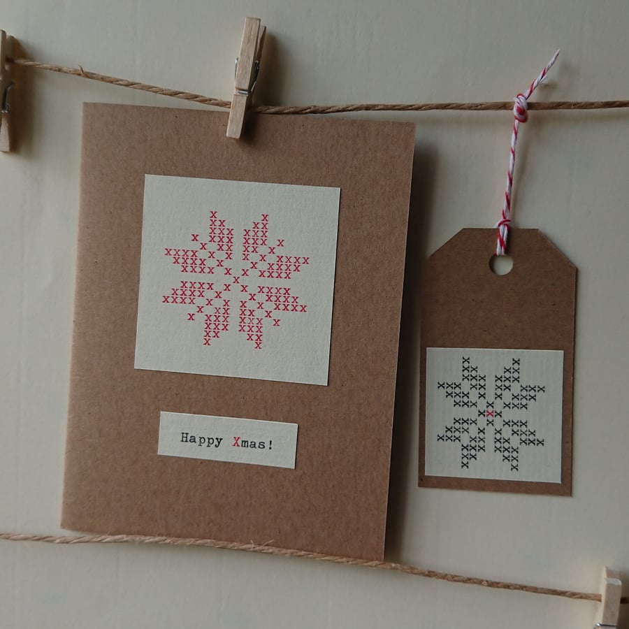 Happy Xmas card - retro typewritten snowflake - matching gift tag