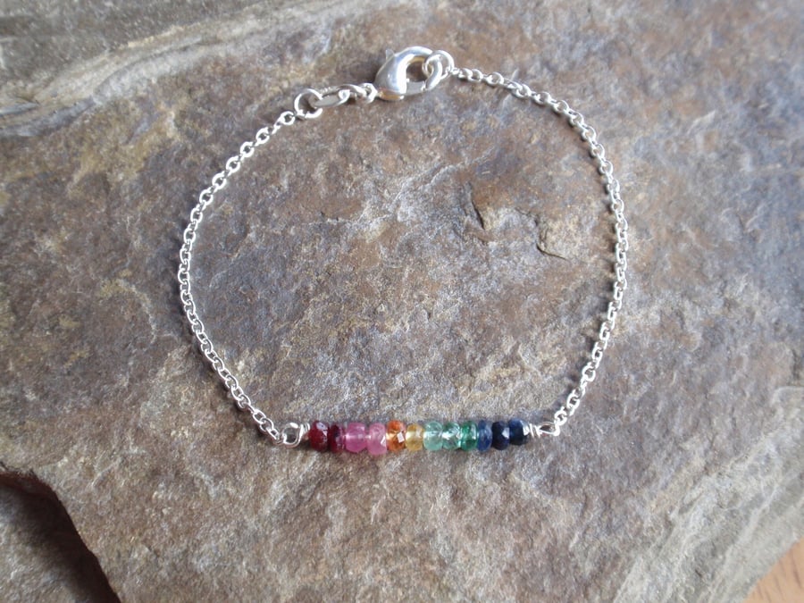 Gemstone bracelet with sapphire ruby and emerald with sterling silver, rainbow