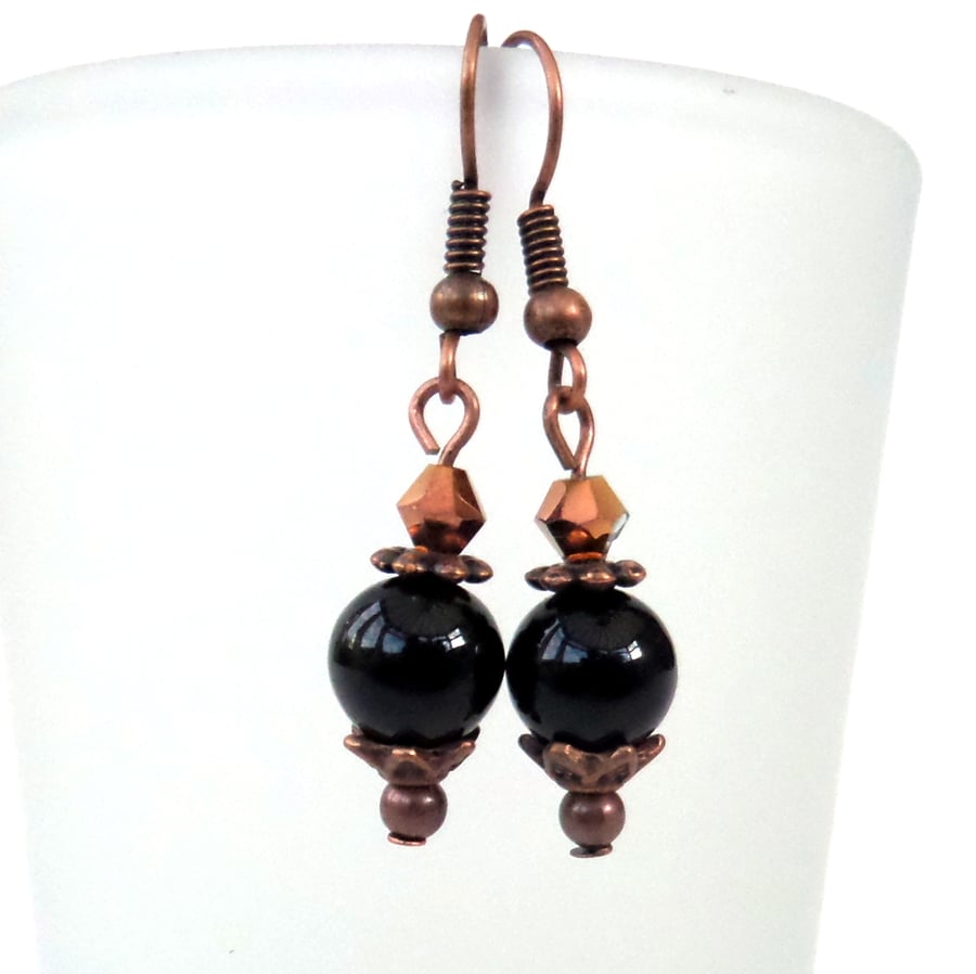 Black onyx and half gold crystal copper handmade earrings