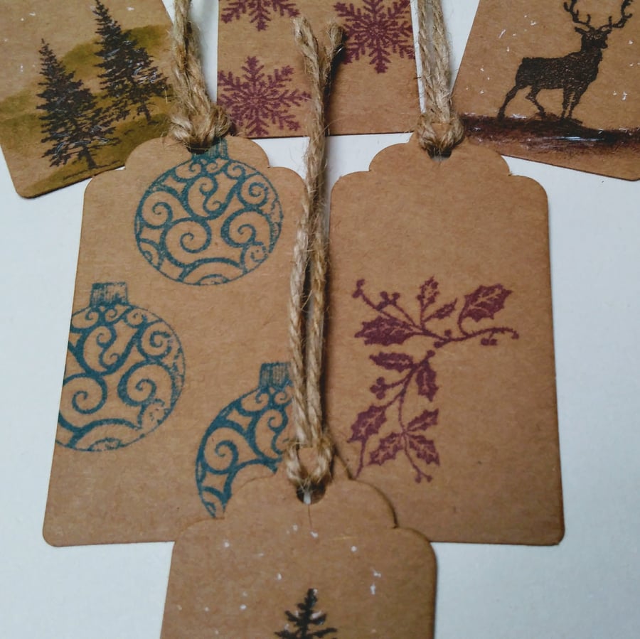 Set of 3 Christmas Tags, Hand Printed, Stag, Tree, Snowflakes, Winter, Gifts