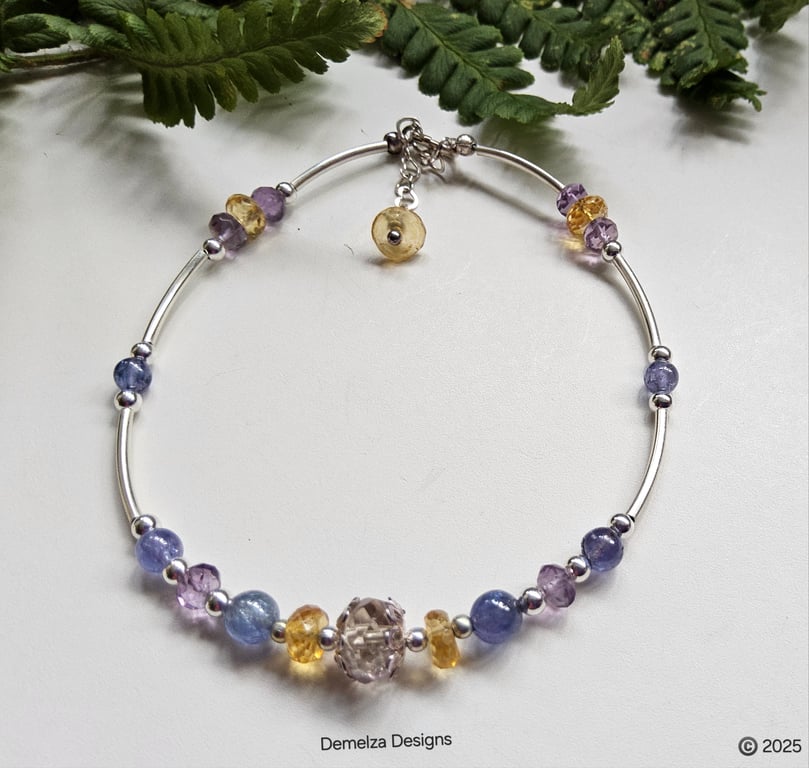 Designer Ametrine, Tanzanite, Citrine & Amethyst Sterling Silver Bracelet 