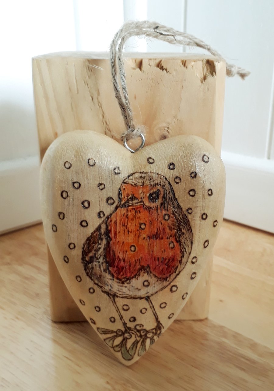 Pyrography wooden Christmas robin & mistletoe heart decoration