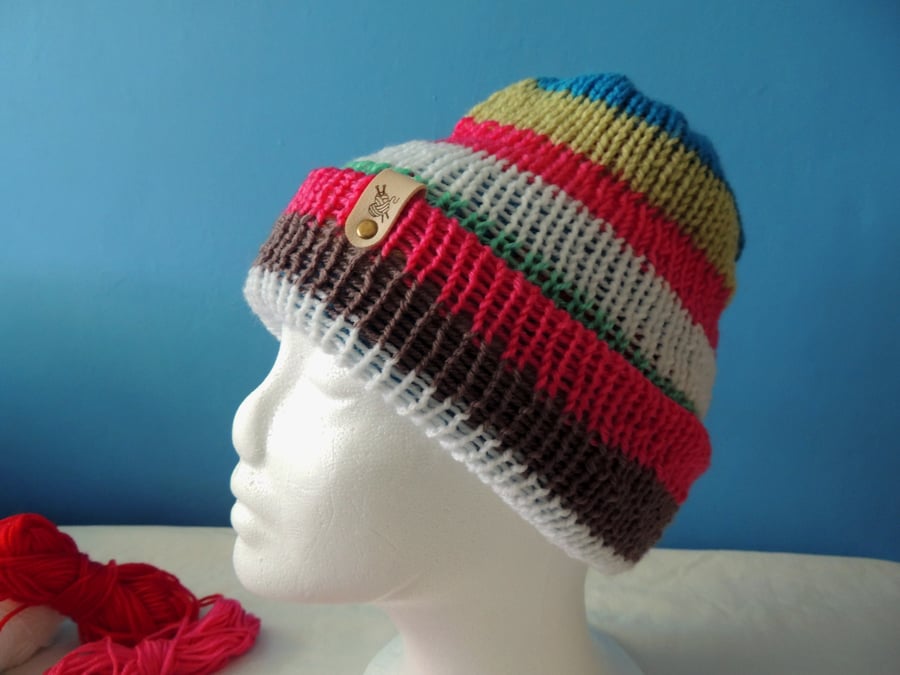 Reversible hand knitted woolen beanie mixed colours