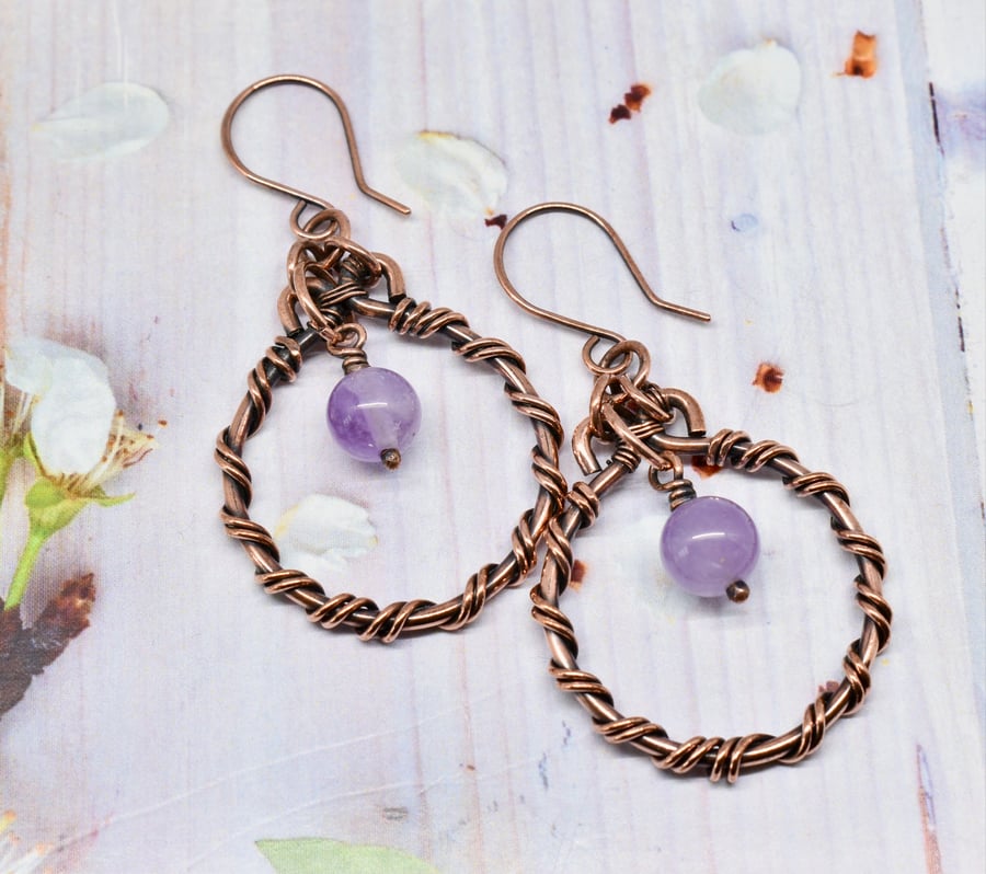 Wire Wrapped Amethyst and Copper Hoop Earrings