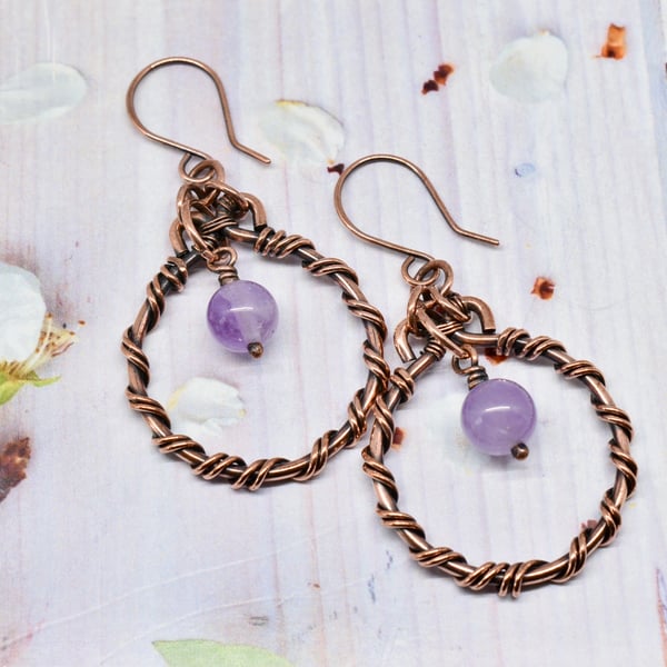 Wire Wrapped Amethyst and Copper Hoop Earrings