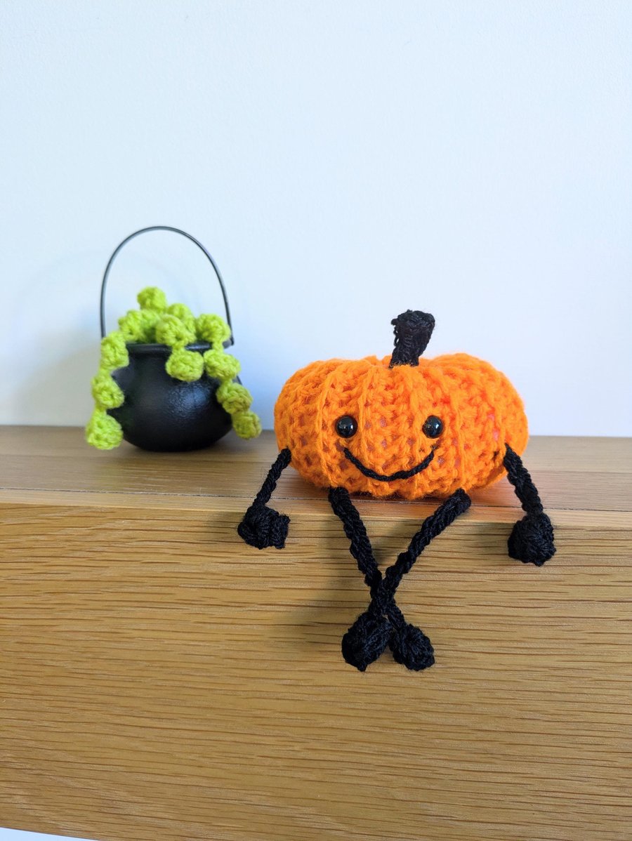 Smiley Pumpkin, Halloween Decorations, Crochet Pumpkin with Long Legs, Shelf Sit