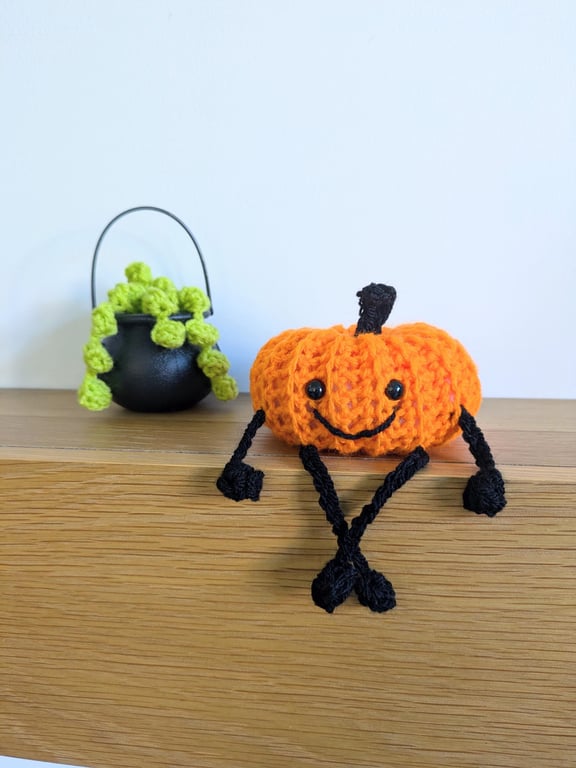 Smiley Pumpkin, Halloween Decorations, Crochet Pumpkin with Long Legs, Shelf Sit