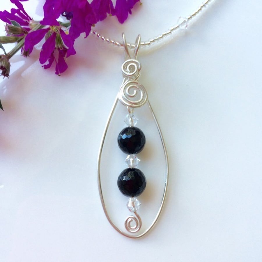 Sterling Silver Black Agate and Crystal Pendant