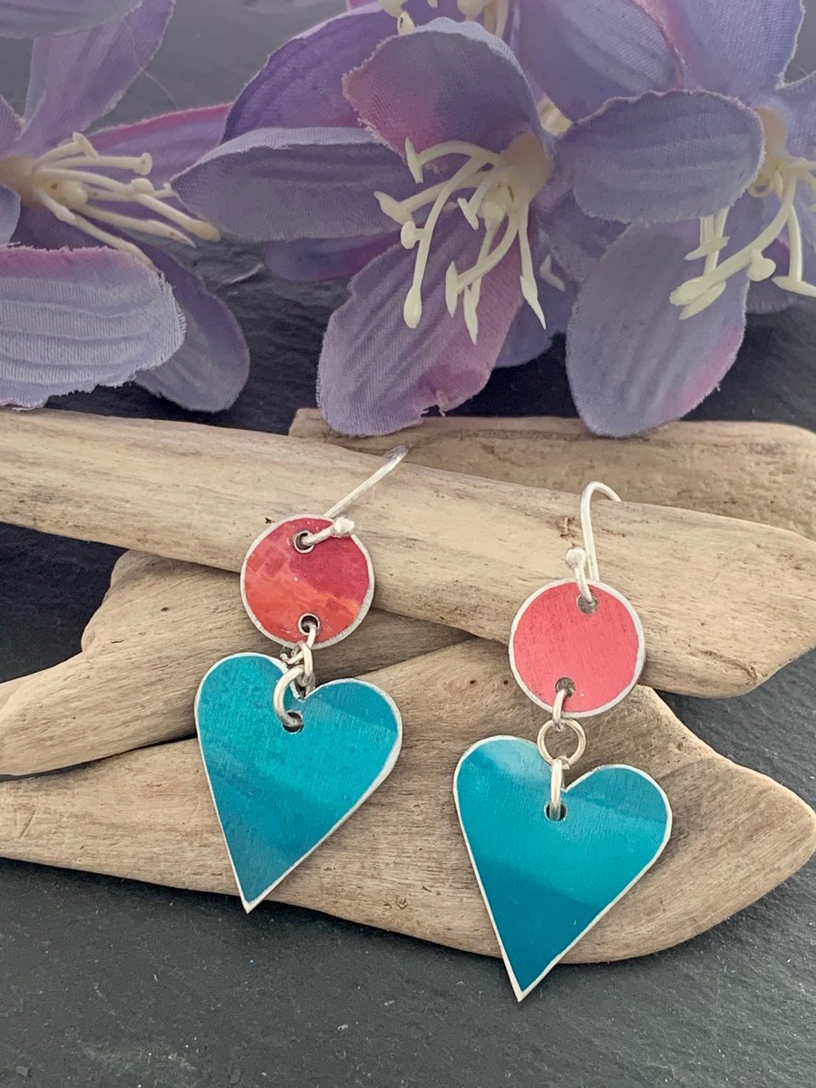 Printed Aluminium and sterling silver heart earrings -Orange and turquoise teal 