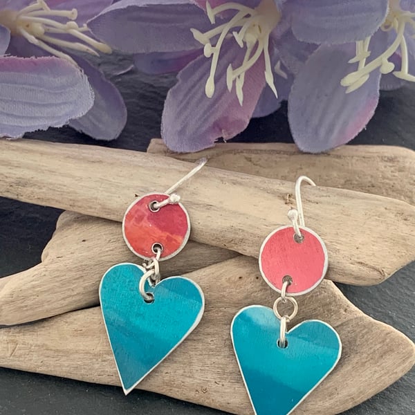 Printed Aluminium and sterling silver heart earrings -Orange and turquoise teal 