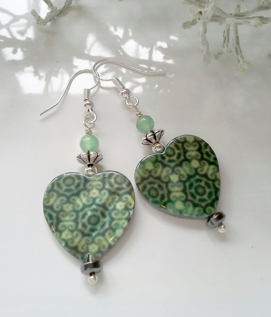 Green Aventurine & Mother of Pearl Silver Plate Earrings