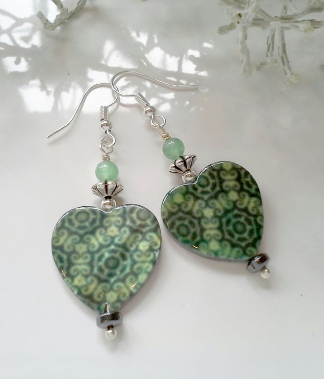 Green Aventurine & Mother of Pearl Silver Plate Earrings