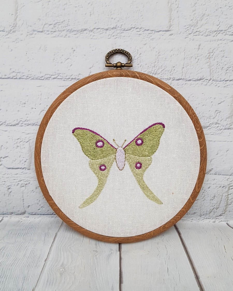 Pale Green Luna Moth Hand Embroidery Hoop for Entomology Lovers