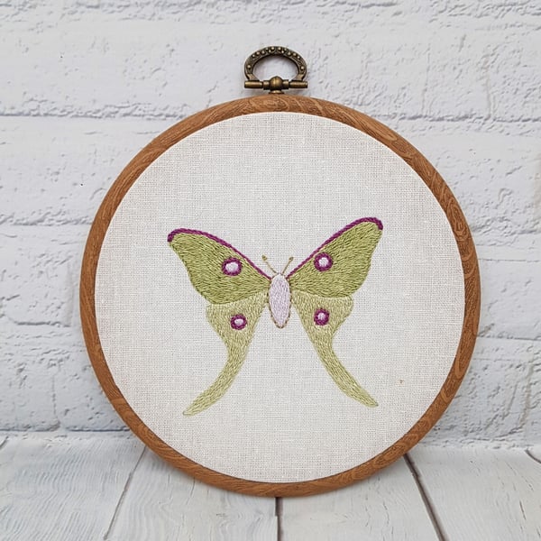 Pale Green Luna Moth Hand Embroidery Hoop for Entomology Lovers