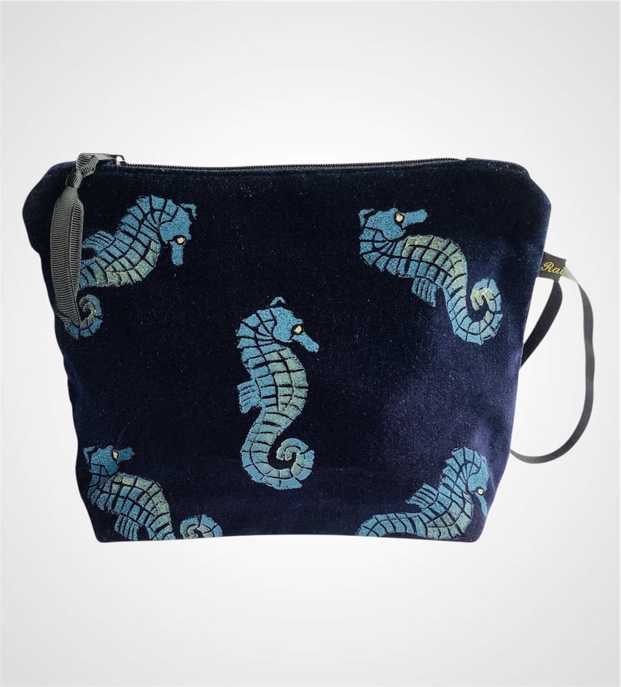 Navy Blue Seahorses Velvet Makeup Bag
