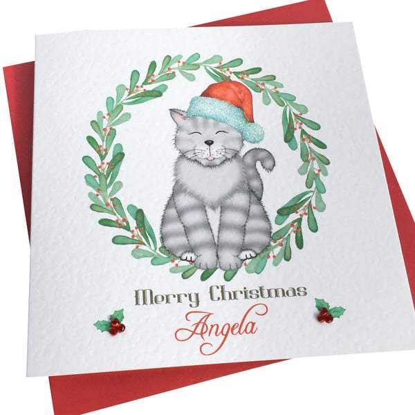 Personalised Handmade Silver Tabby Cat Christmas Card ANY WORDING