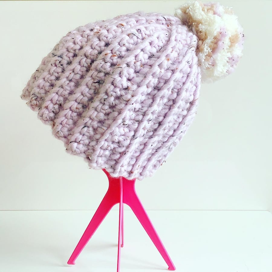 Crochet beanie, super chunky crocheted hat, beanie with pompom,  mauve hat 