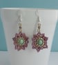 Dusky Pink and Green Vintage Style Beaded Flower Earrings - Image 2