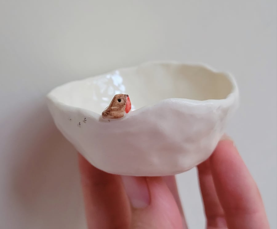 Ceramic handmade tealight robin & birdprints pottery candle holder 