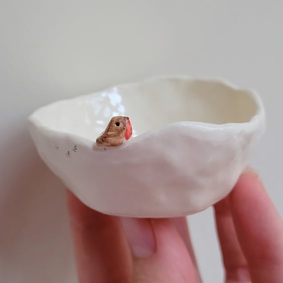 Ceramic handmade tealight robin & birdprints pottery candle holder 