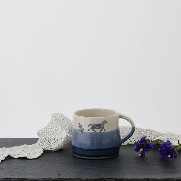 Blue and white espresso pony cup - illustrated stoneware pottery