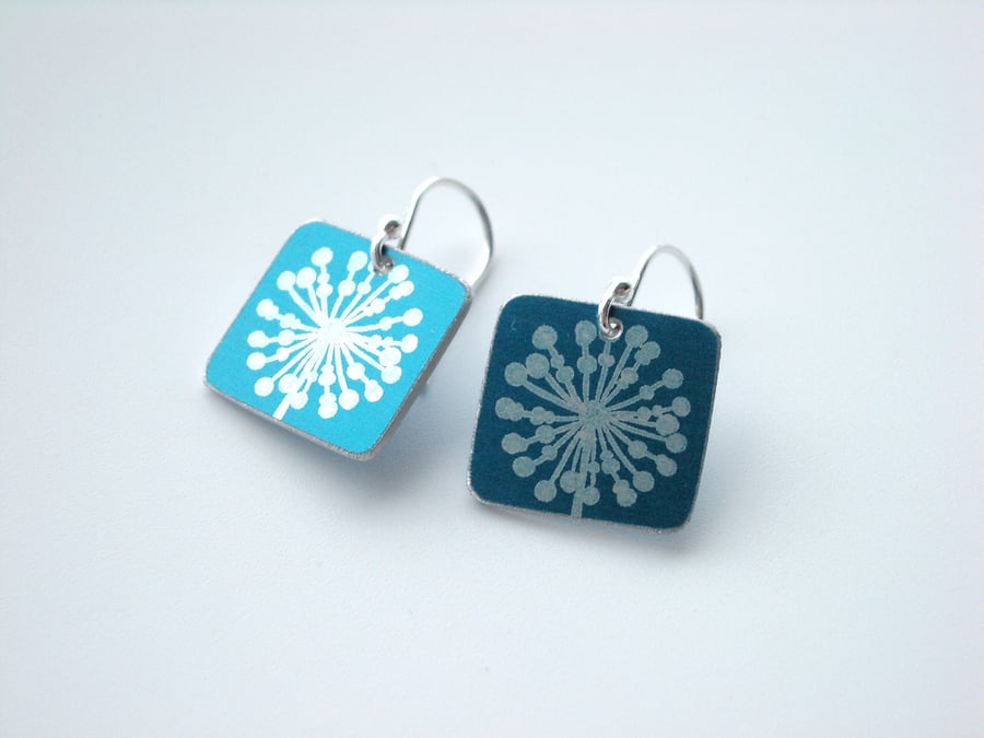 Square earrings in teal with dandelion clock print