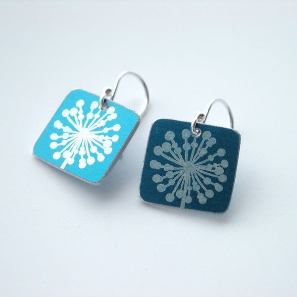 Square earrings in teal with dandelion clock print