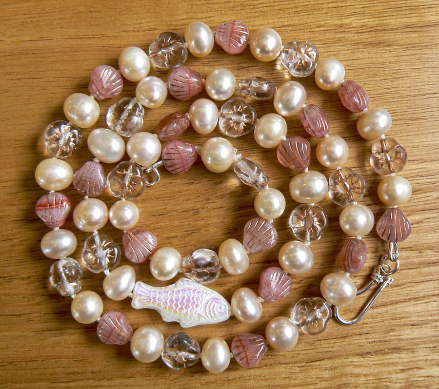 The Bamburgh Necklace - Freshwater pearl and Czech glass pink fish beach sea