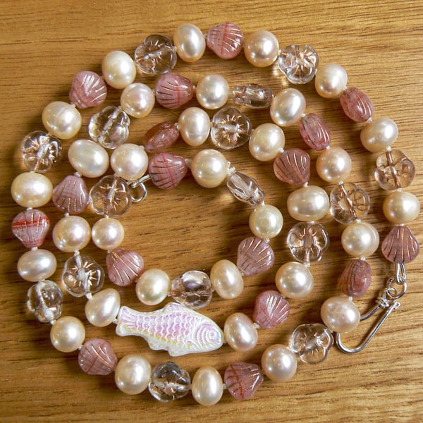The Bamburgh Necklace - Freshwater pearl and Czech glass pink fish beach sea