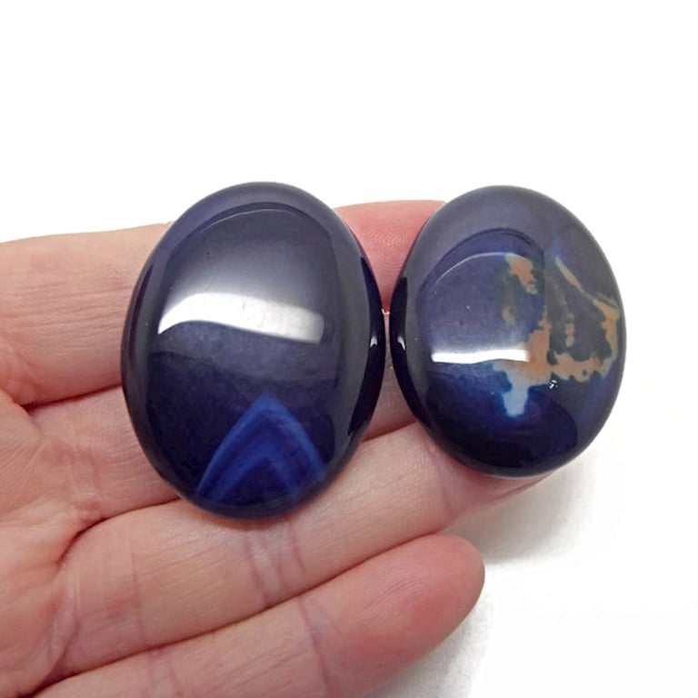 2x 40mm Agate Cabochons in Steel Blue, Oval Jewellery Stones, Wire Wrapping 
