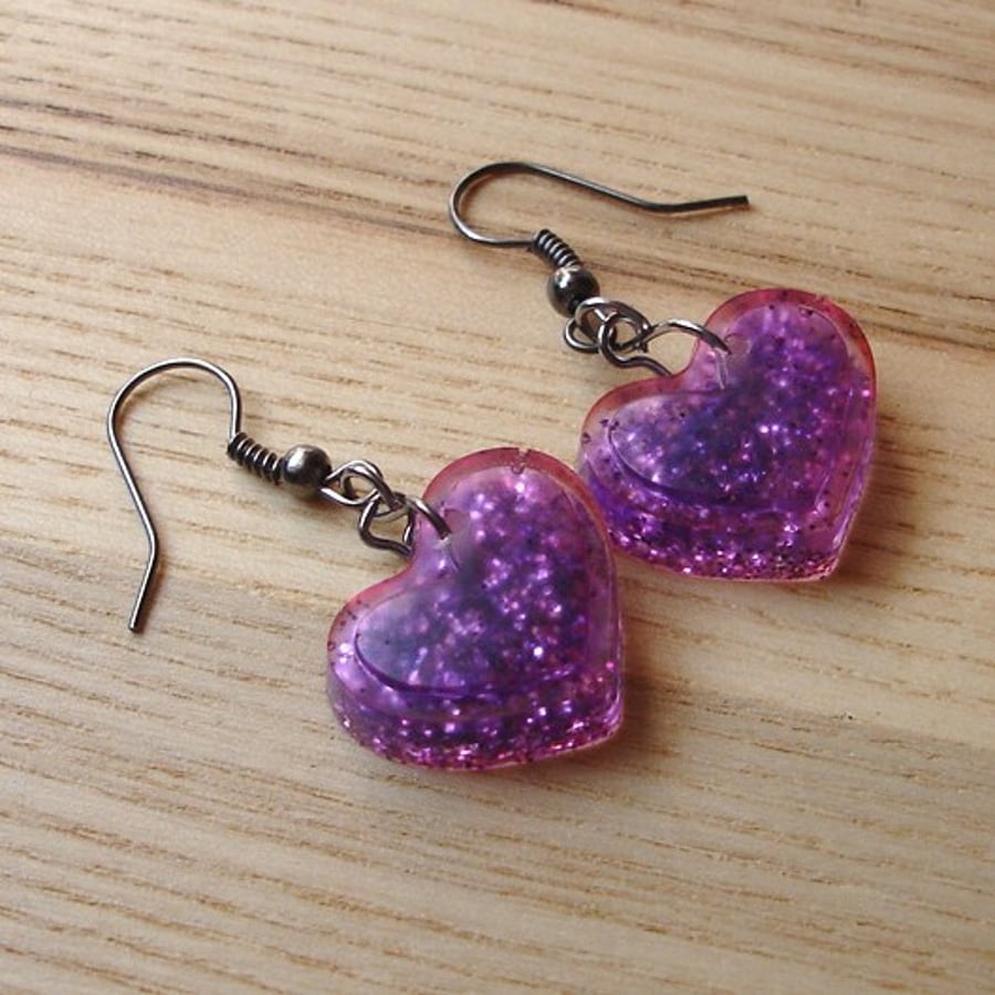 Purple Sparkle Resin Heart Earrings